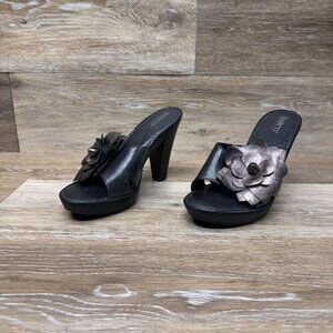 Born Black Leather Heeled Mules with Flower Accent Women's Size 6